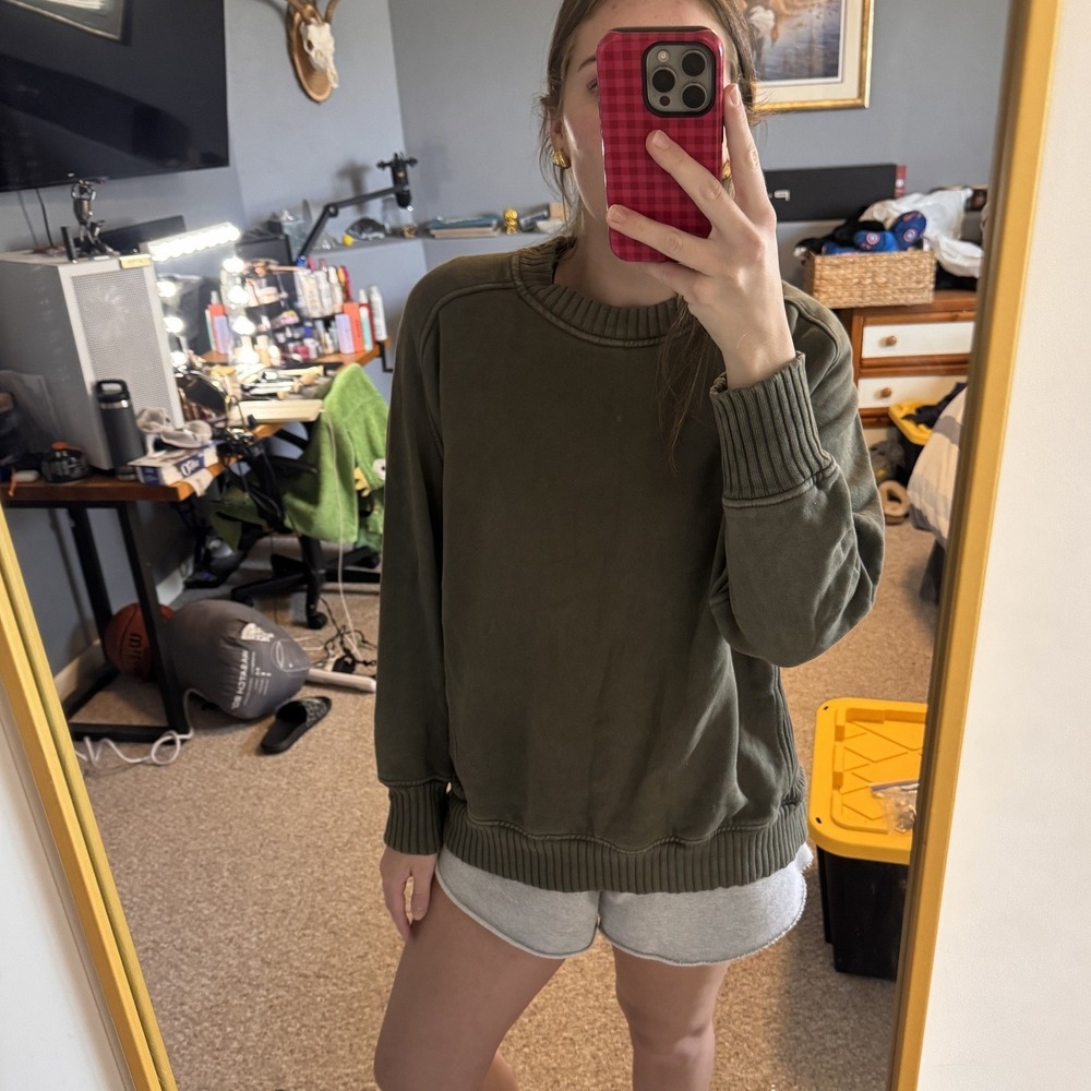 Aerie Sunday Soft Olive Green Ribbed Crewneck Sweatshirt XS Oversized Pullover